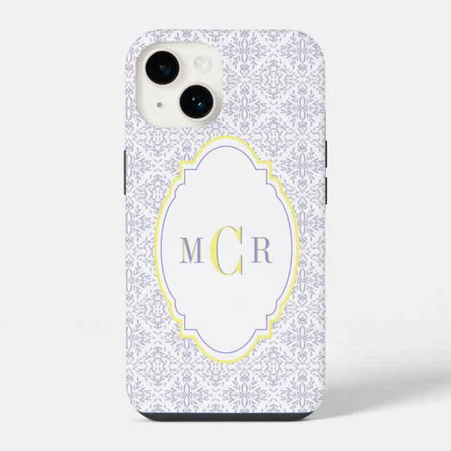 Elegant French Blue Yellow Damask Pattern Monogram iPhone Case (Back)