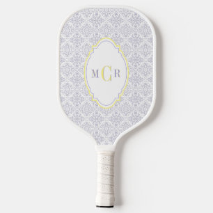 Elegant French Blue Yellow Damask Pattern Monogram Pickleball Paddle