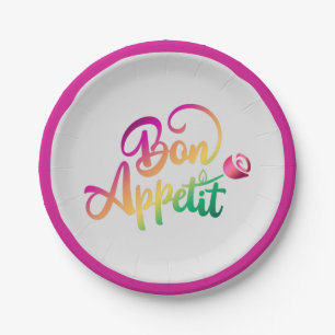 Elegant French Bon Appetite Quote Purple Grey Paper Plate