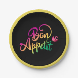Elegant French Bon Appetite Quote Yellow Black Pap Paper Plate