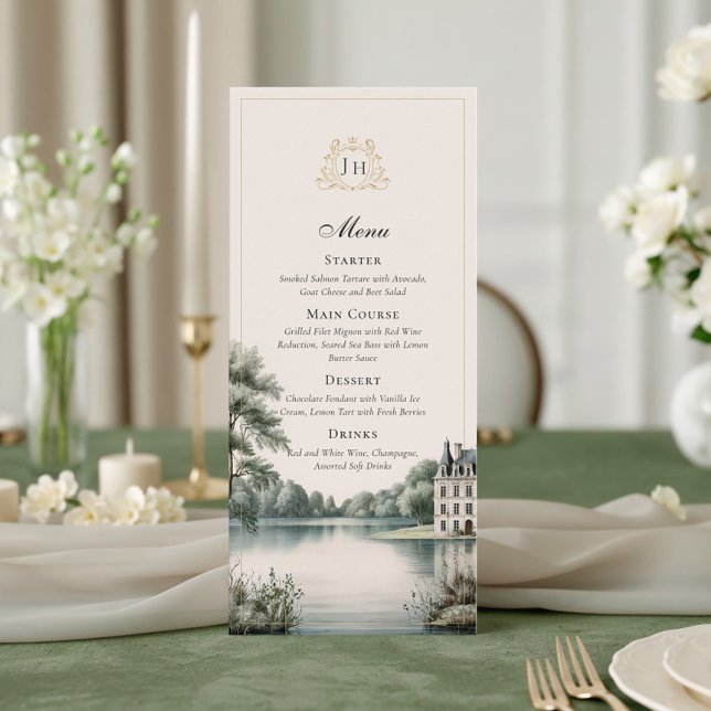 Elegant French Château Monogram Wedding Menu Card (Creator Uploaded)