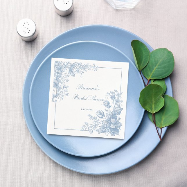 Elegant French chinoiserie blue monogram printed Napkin (Elegant French toile chinoiserie dusty blue monogram printed Napkins bridal shower table decor)