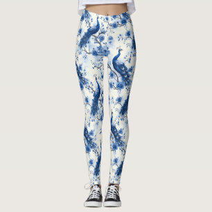 Elegant French Chinoiserie Blue Watercolor Peacock Leggings