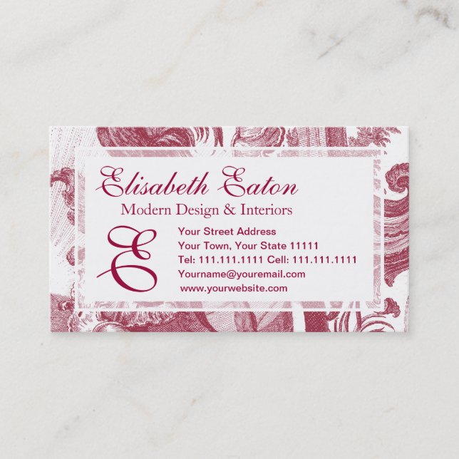 Elegant French Country Antique Red Toile de Jouy Business Card (Front)