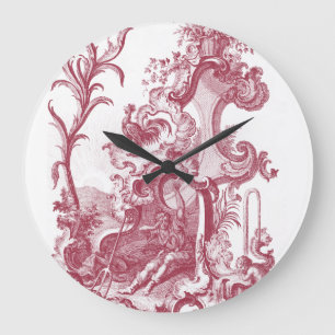 Elegant French Country Antique Red Toile de Jouy Large Clock