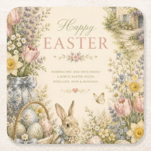 Elegant French Country Easter Greeting Vintage Square Paper Coaster