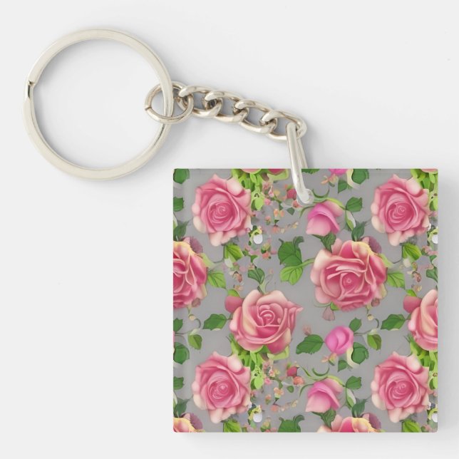 Elegant French Country Garden Rose Design Key Ring (Front)