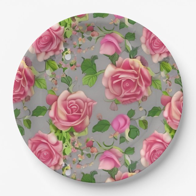 Elegant French Country Garden Rose Design Paper Plate (Front)