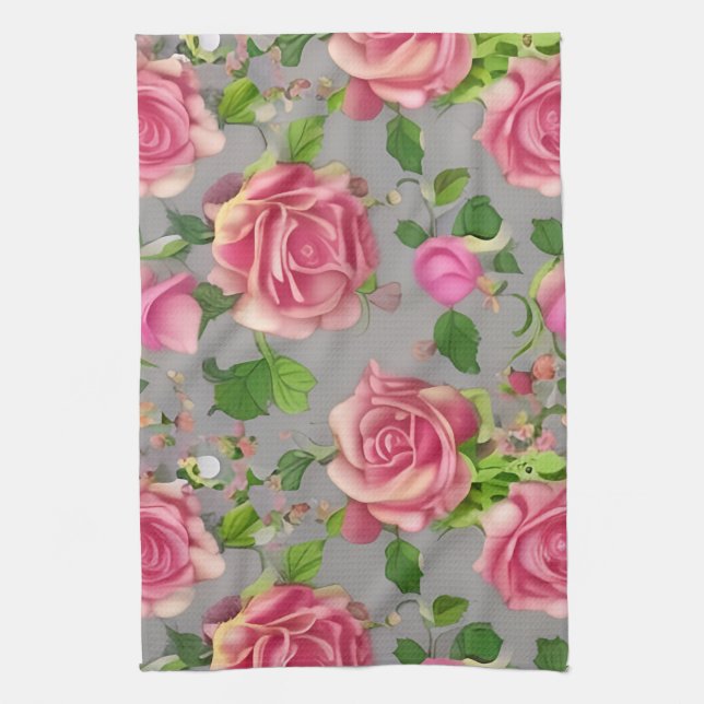 Elegant French Country Garden Rose Design Tea Towel (Vertical)