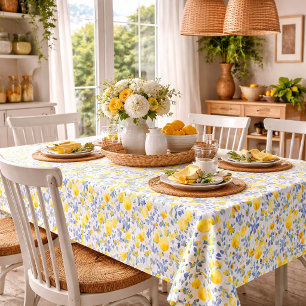 Elegant French Country Lemon Blue Botanical Tablecloth