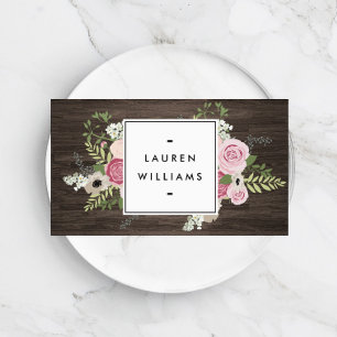 Elegant French Country Pink Roses on Woodgrain Business Card