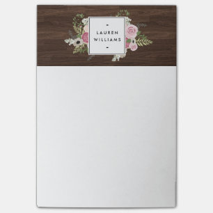 Elegant French Country Pink Roses on Woodgrain Post-it Notes