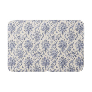 Elegant French Country Toile de Jouy Blue Pattern Bath Mat