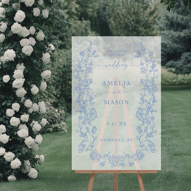 Elegant French Dusty Blue Vintage Acrylic Sign (Opaque Dusty Blue French Floral Frame Wedding Welcome Sign)