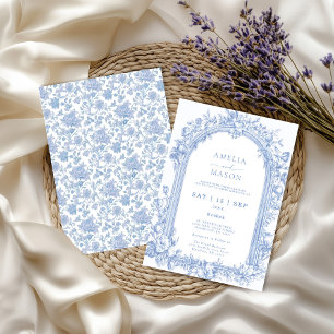 Elegant French Dusty Blue Vintage Arch Wedding Invitation
