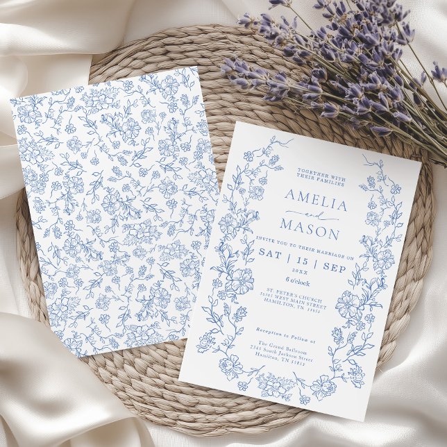 Elegant French Dusty Blue Vintage Wedding Invitation (Elegant Blue French Toile Floral Frame Vintage Wedding Invitation )