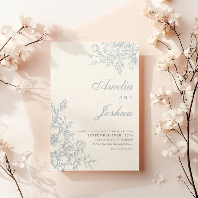Elegant French Floral Blue Toile Wedding Invitation (Creator Uploaded)