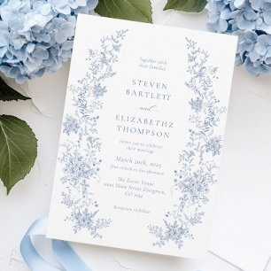 Elegant French Floral Dusty Blue Wedding Invitation