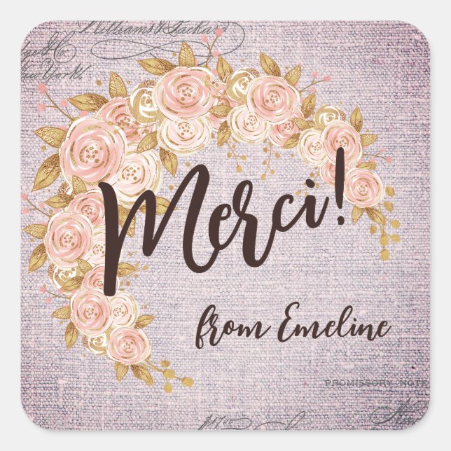 Elegant French Floral Merci Thank You Square Sticker (Front)