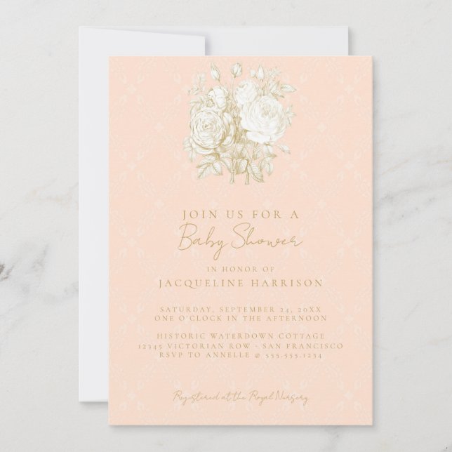 Elegant French Floral Toile Pink Gold Baby Shower  Invitation (Front)