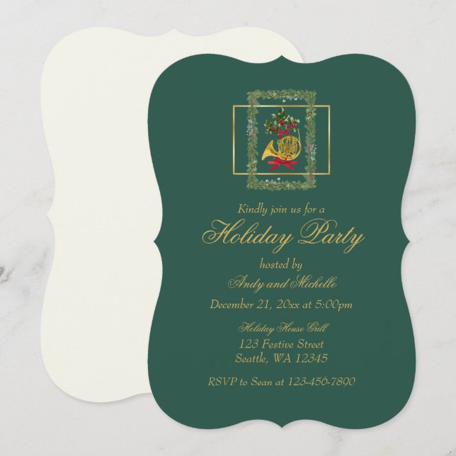 Elegant French Horn Christmas Dark Green Flat Card (Front/Back)