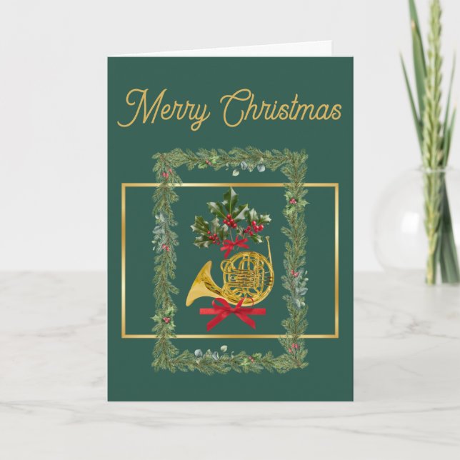Elegant French Horn Christmas Dark Green Holiday Card (Front)