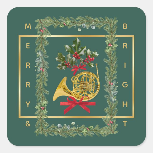 Elegant French Horn Christmas Dark Green Square Sticker (Front)