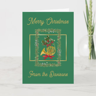 Elegant French Horn Christmas Green Holiday Card