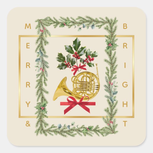 Elegant French Horn Christmas Irish Cream Square Sticker (Front)