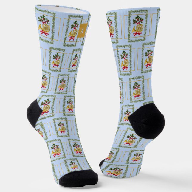 Elegant French Horn Christmas Light Blue2 Monogram Socks (Angled)