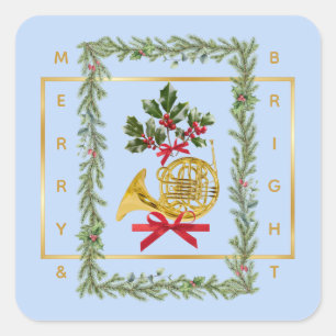 Elegant French Horn Christmas Light Blue Square Sticker
