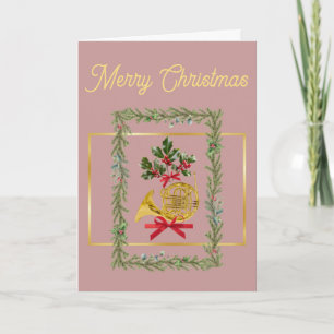 Elegant French Horn Christmas Light Mauve Holiday Card