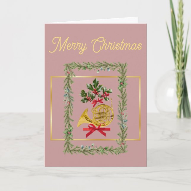Elegant French Horn Christmas Light Mauve Holiday Card (Front)