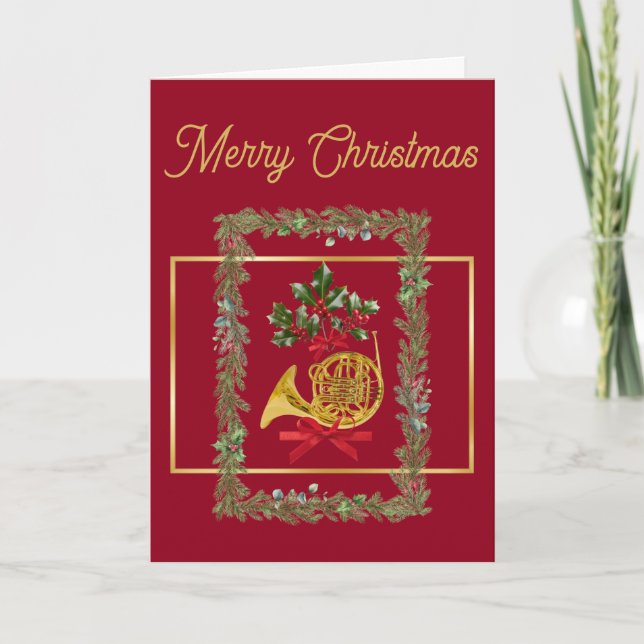 Elegant French Horn Christmas Maroon5 Holiday Card (Front)
