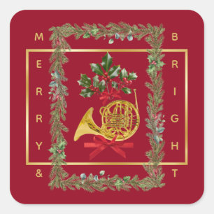 Elegant French Horn Christmas Maroon Square Sticker
