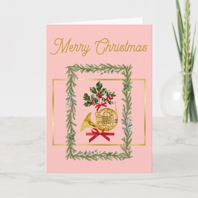 Elegant French Horn Christmas Pink Holiday Card (Front)