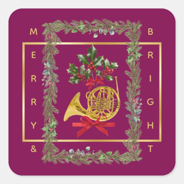 Elegant French Horn Christmas Purple Square Sticker (Front)