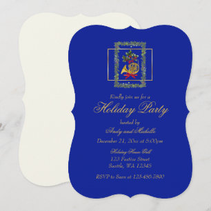 Elegant French Horn Christmas Royal Blue Flat Card