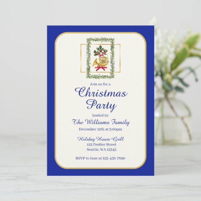 Elegant French Horn Christmas Royal Blue Invitation (Standing Front)