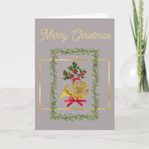Elegant French Horn Christmas Taupe Holiday Card