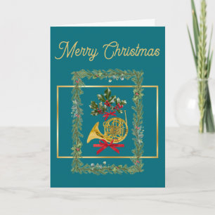Elegant French Horn Christmas Teal2 Holiday Card