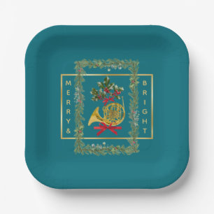 Elegant French Horn Christmas Teal Paper Plate