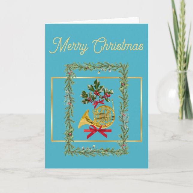 Elegant French Horn Christmas Turquoise Holiday Card (Front)
