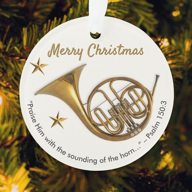 Elegant French Horn with Psalm 150:3 Christmas Ornament (A festive ornament with French horn picture, Merry Christmas greeting, Bible quote and custom text)