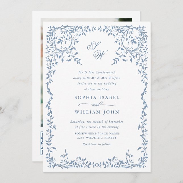Elegant French Ornate Floral Frame Wedding QR code Invitation (Front/Back)