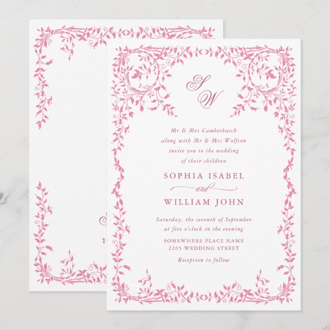 Elegant French Ornate Floral Frame Wedding QR code Invitation (Front/Back)