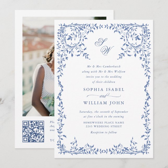 Elegant French Ornate Floral Frame Wedding QR code Invitation (Front/Back)