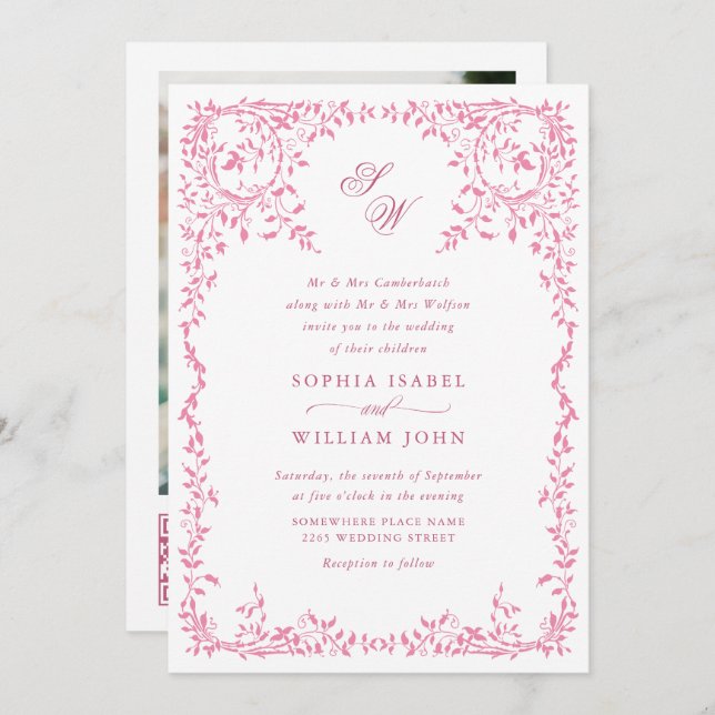 Elegant French Ornate Floral Frame Wedding QR code Invitation (Front/Back)