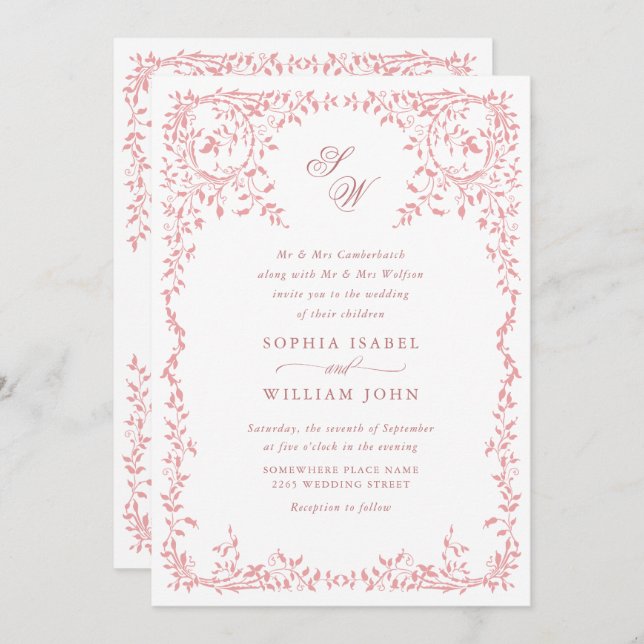 Elegant French Ornate Floral Frame Wedding QR code Invitation (Front/Back)