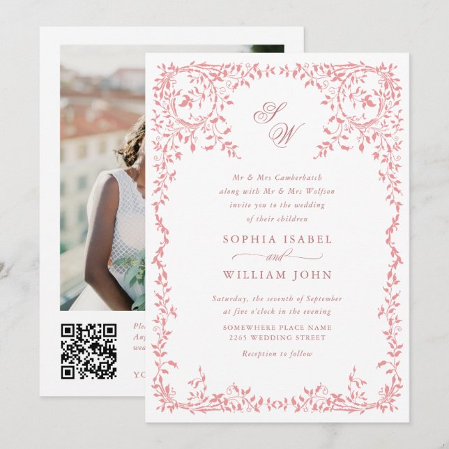 Elegant French Ornate Floral Frame Wedding QR code Invitation (Front/Back)